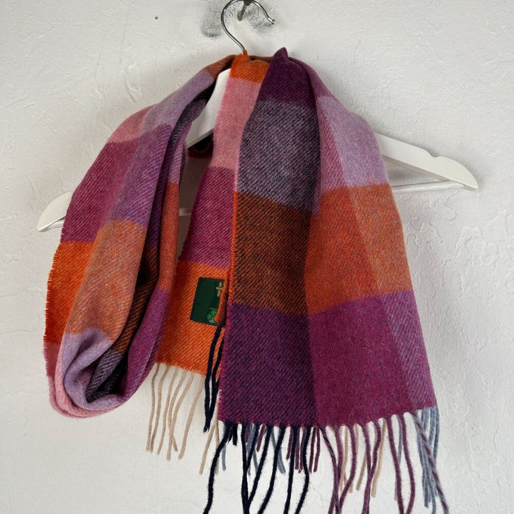 John Hanly & Co. LTD for L.L Bean Lambswool Check Scarf 64" X 12" Purple Fringe